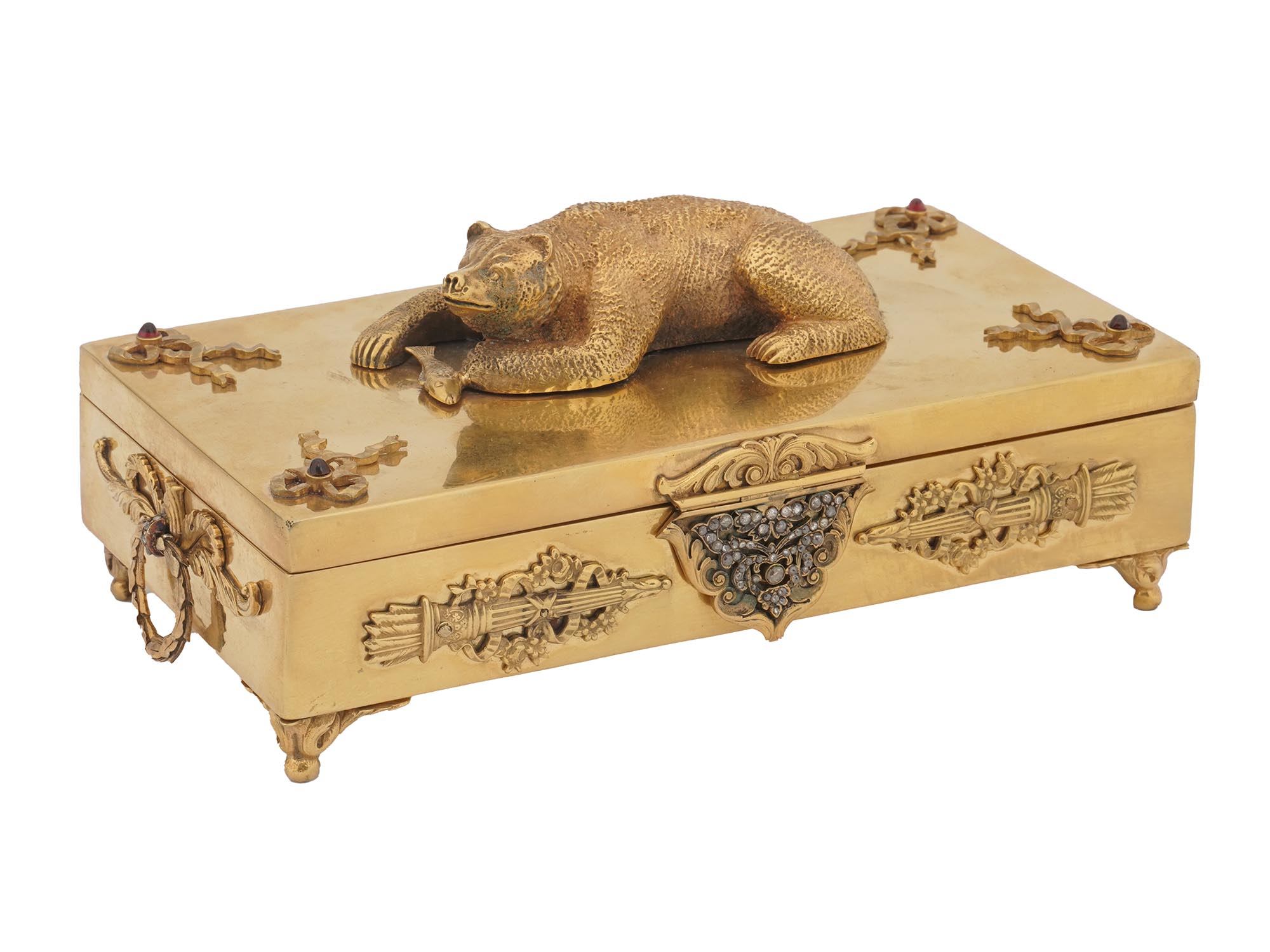 RUSSIAN GILT SILVER TRINKET BOX WITH BEAR FIGURE PIC-0